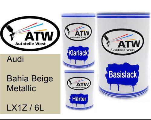 Audi, Bahia Beige Metallic, LX1Z / 6L: 500ml Lackdose + 500ml Klarlack + 250ml Härter - Set, von ATW Autoteile West.